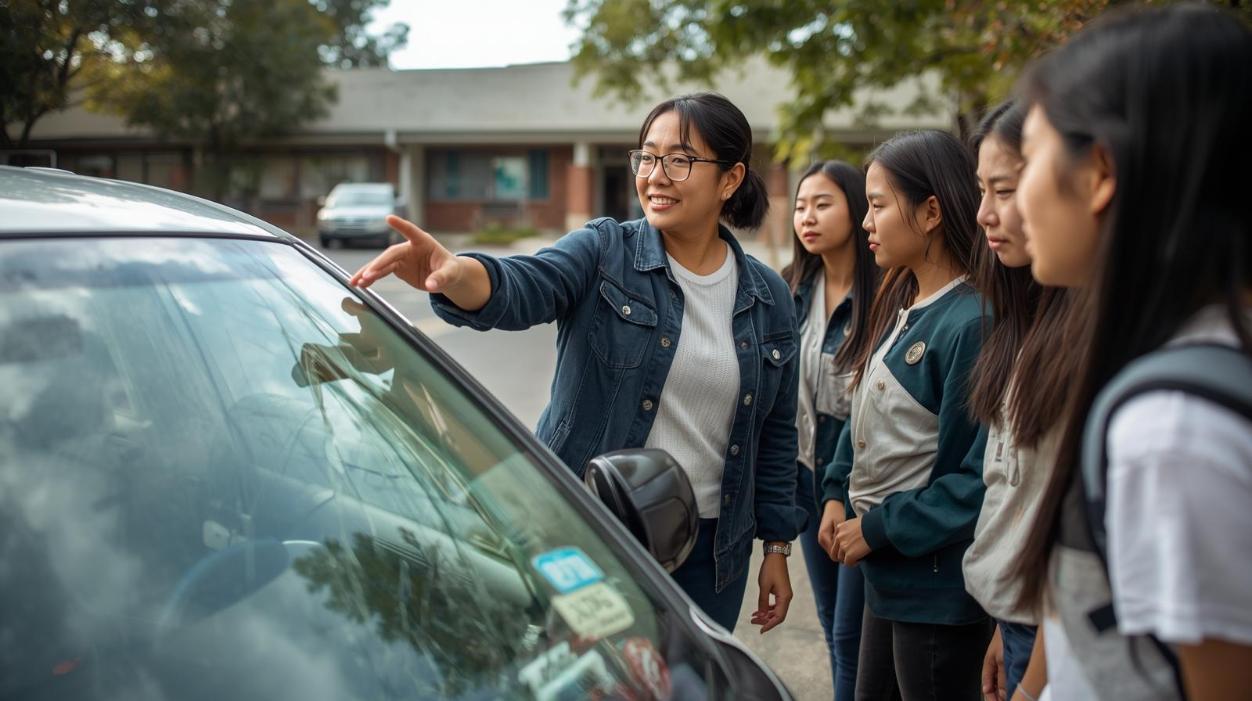 A teacher uses a cracked car windshield as a real-life science example while students gather around and listen outside in a bright, practical learning setting.
