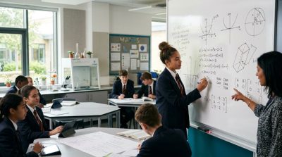 A bright modern British classroom where a secondary school student is solving a mathematics problem on a whiteboard, mathematical equations, graphs and geometric diagrams